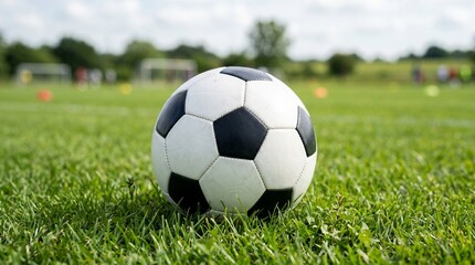 Fototapeta premium Soccer Ball on Green Grass Training Field, Football Practice and Sports Equipment Concept