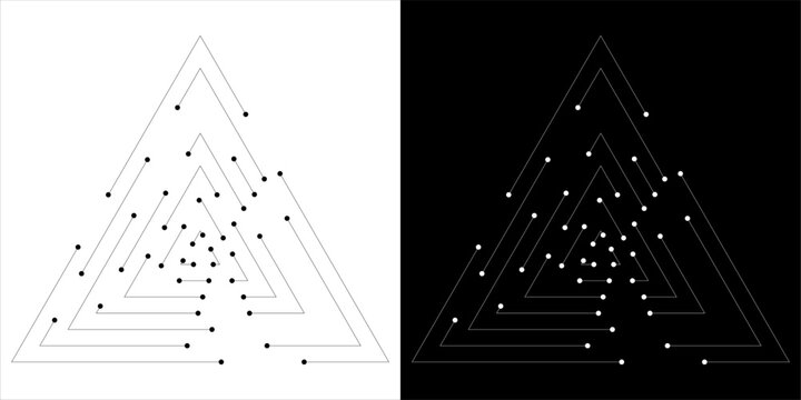 Abstract geometric triangle line pattern vector illustration set. Simple black and white concentric triangular vortex outline layout, minimalist constellation dot and linear graphic design isolated