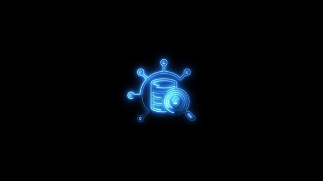 Neon blue database server with magnifying glass on black background for tech and data concept neon blue magnifying glass
