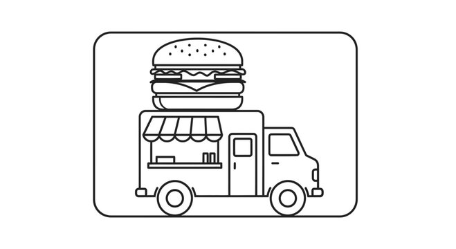 Burger Food Truck Icon: Fast Food Mobile Kitchen, Street Vendor Vehicle
