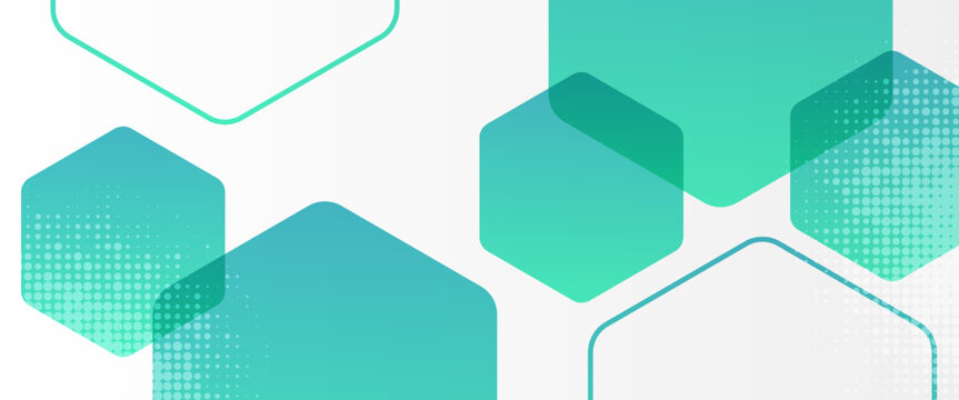 Abstract white background with turquoise green hexagon shapes and halftone dots effect minimal geometric tech banner for medical corporate business presentation vector