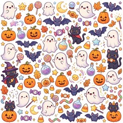 Fototapeta premium large collection of ghosts, pumpkins, bats, cats, stars, candy, leaves and magical elements, isolated on white background, cohesive kawaii Halloween style