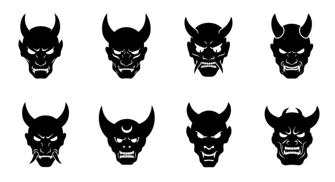Eight black devil face illustrations in a grid on white