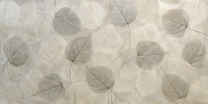 Muted Light Grey Cream Background Stylized Translucent Leaf Pattern Intricate Venation Artfully Layered Contemporary Minimalist Serene Naturalistic