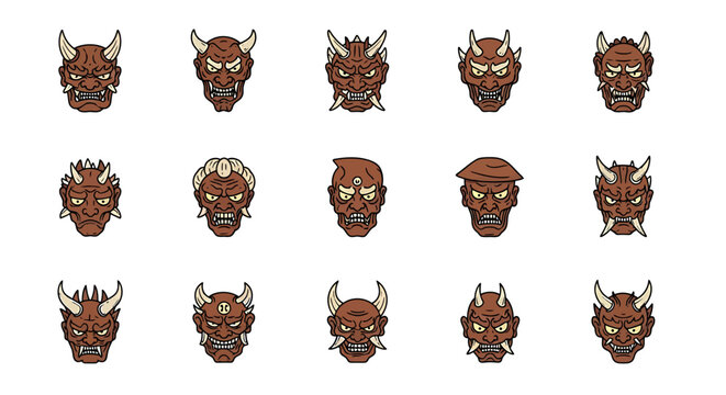 Illustration of various demon masks on display in a creepy environment