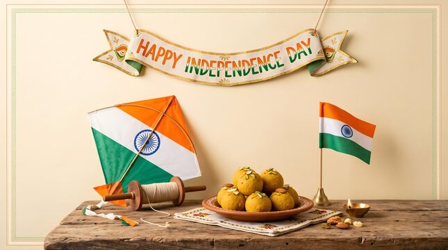Independence day banner with tricolor flag kite and sweets on rustic wooden background set.