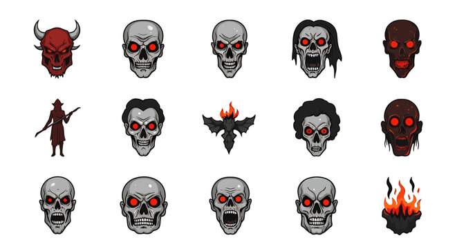 Illustration depicts various demonic skulls and creature heads with red eyes.