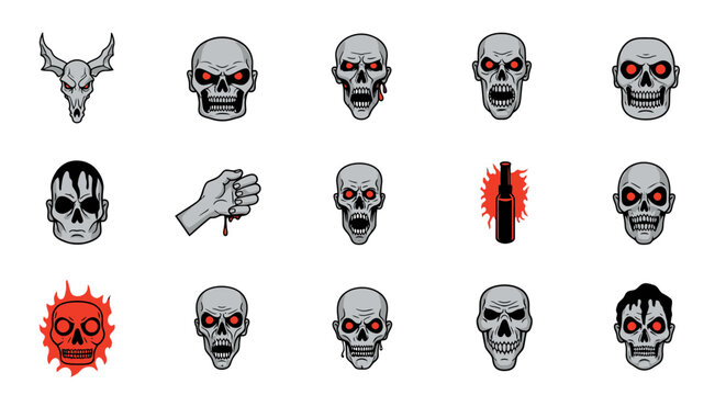 A collection of evil skulls and a hand with a knife on a plain surface
