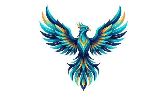 Vibrant blue, turquoise, and yellow phoenix bird, colorful illustration, mythical creature, decorative element