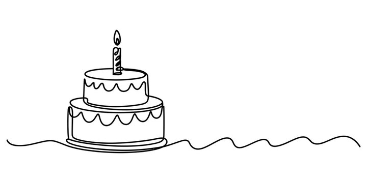Continuous single line drawing of a birthday cake with a burning candle on top Vector, illustration