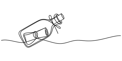 Fototapeta premium Continuous single line drawing of a message in a glass bottle floating on sea waves Vector, illustration