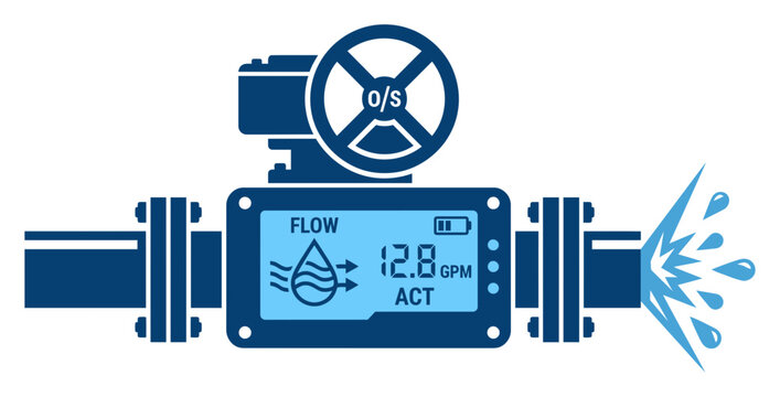Industrial Smart Water Pipe Flow Meter Monitoring System Showing Real Time Liquid Measurement Leakage Diagnostic Icon