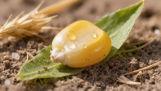 Single corn kernel with moisture droplets resting on a leaf next to wheat ears on soil, representing crop production, agricultural industry, and cereal farming