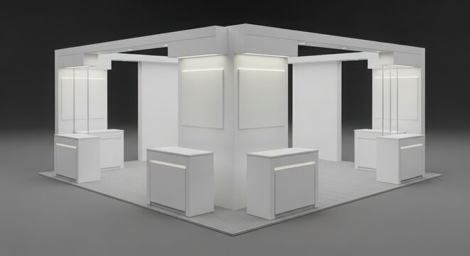A modern, minimalist white exhibition stand with multiple display cases and counters, designed for trade shows or events.