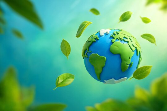 A vibrant, stylized 3 d globe with green continents and blue oceans, surrounded by floating green leaves against a soft, blurred turquoise background, with sunlight