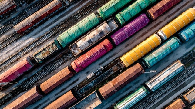 Overhead shot of a colorful train yard, showing multiple railway cars of varying hues & configurations parked alongside tracks