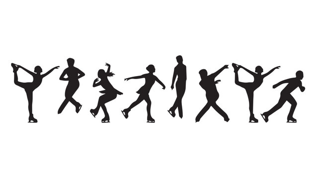 Ice skating silhouettes in various poses during a performance on white background