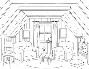Cozy attic living room with comfortable armchairs and bookshelves during daylight © SDR