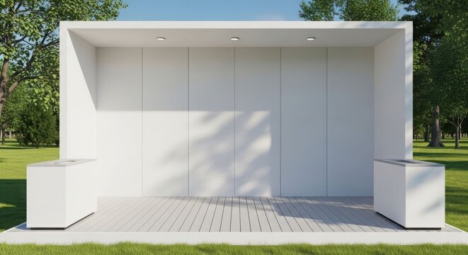 A modern minimalist white outdoor pavilion or open-air structure with recessed lighting, set in a green park with trees.
