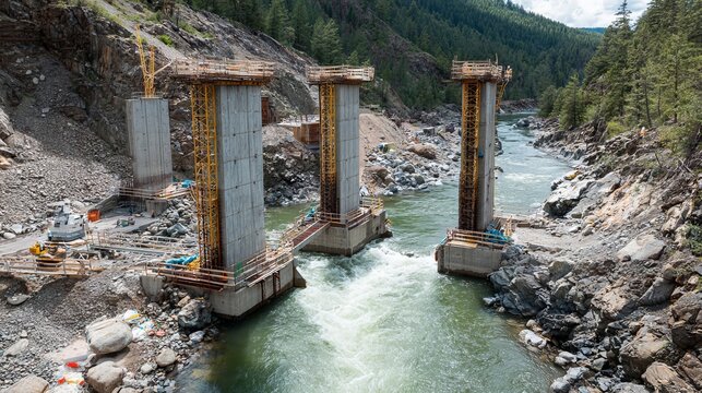 Construction of bridge piers over a river with turbulent water and rocky banks, showing concrete forms