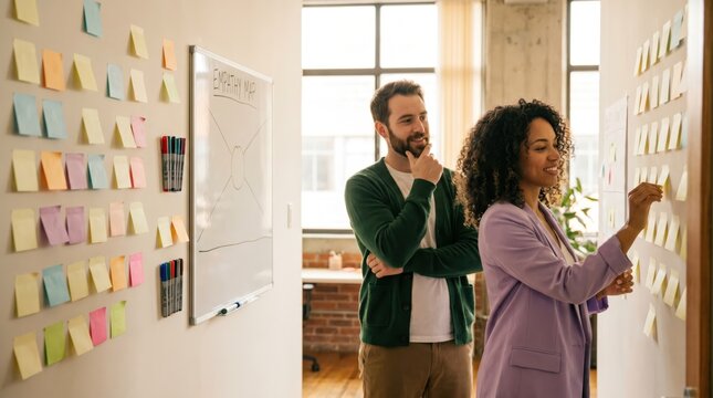 Generative AI, UX designers working on empathy map with sticky notes on office wall