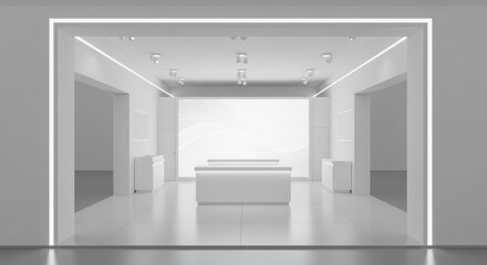 Fototapeta premium Modern minimalist empty white retail store interior with bright lighting and central counter.