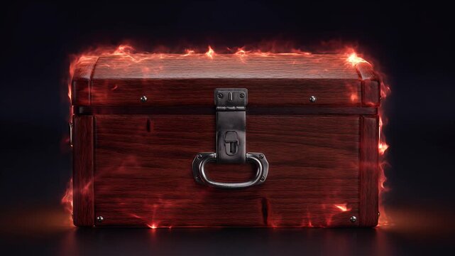A Locked Wooden Treasure Chest Ignited by Fiery Magical Energy