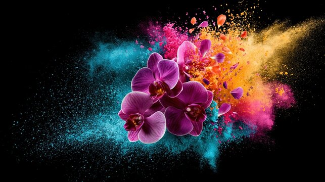 Vibrant Orchid Composition with Colorful Powder Explosion