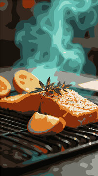 Grilled salmon fillet with orange slices on grill grate with smoke vector illustration