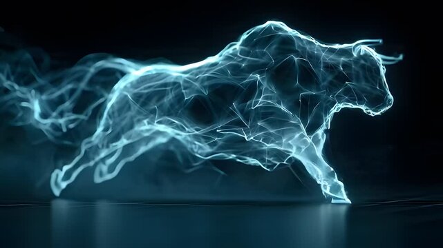Charging digital bull made of glowing blue energy and particles