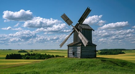 Fototapeta premium Weathered wooden windmill on a grassy knoll under a vast, cloud-strewn sky