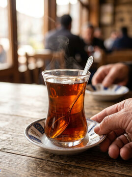 Traditional Turkish Tea Served in Armudu Glass on Table