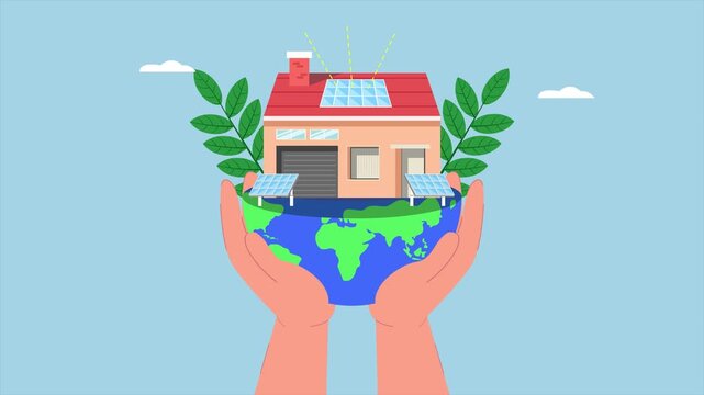 Hands protecting eco friendly sustainable home. Suistainable living concept. Full length Icon animation illustration. High quality&nbsp;4k&nbsp;footage