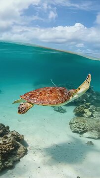 Sea turtles swimming gracefully in the clear, beautiful ocean.