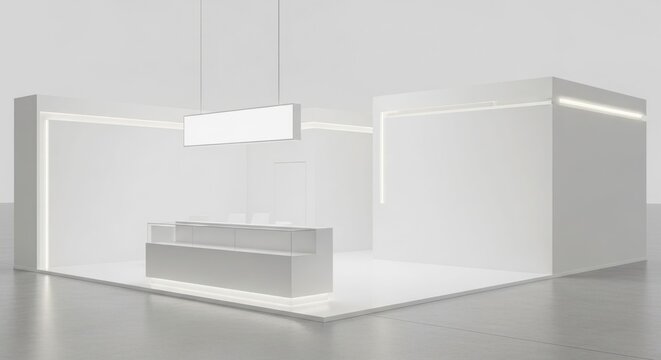 Modern minimalist white exhibition stand with illuminated details and a reception counter, ready for a trade show or product display.