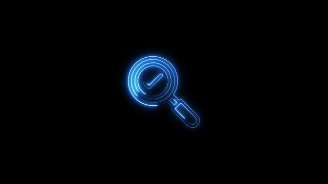 Glowing blue magnifying glass with checkmark on black background search approval concept verification