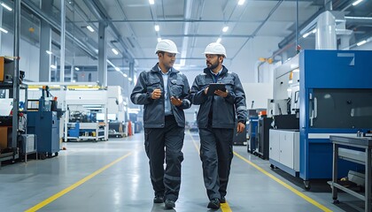 Obraz premium Two workers in hard hats walking through an industrial facility