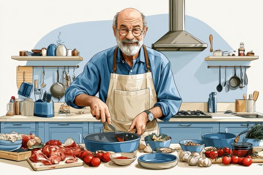 Senior man preparing nutritious meal in kitchen, healthy cooking concept with apron and fresh ingredient