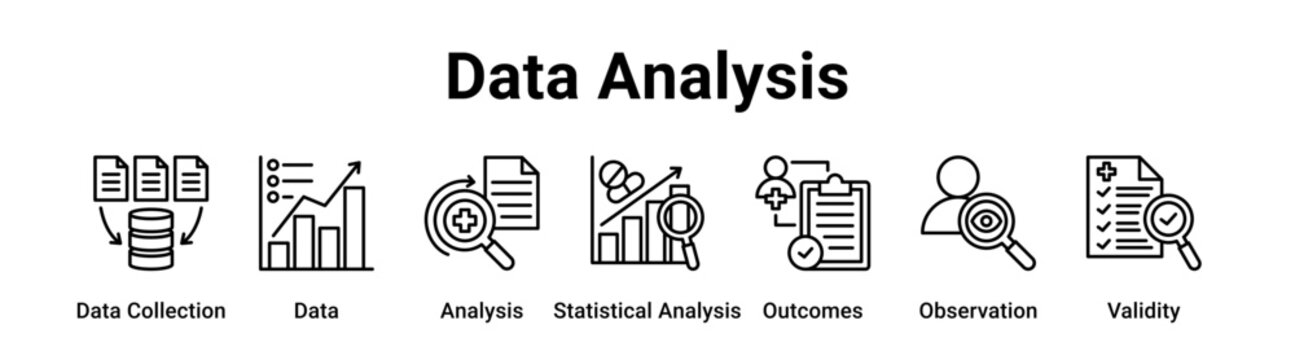 Data Analysis web banner icon vector illustration concept for education with icon of Data Collection, Data, Analysis, Statistical Analysis, Outcomes.