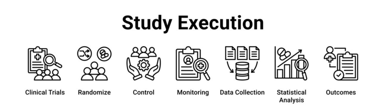 Study Execution web banner icon vector illustration concept for education with icon of Clinical Trials, Randomize, Control, Monitoring, Data Collection, Statistical.