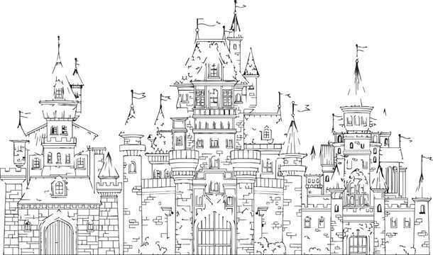 Ornate fairytale castle sketch with towers and flags in a detailed line drawing style