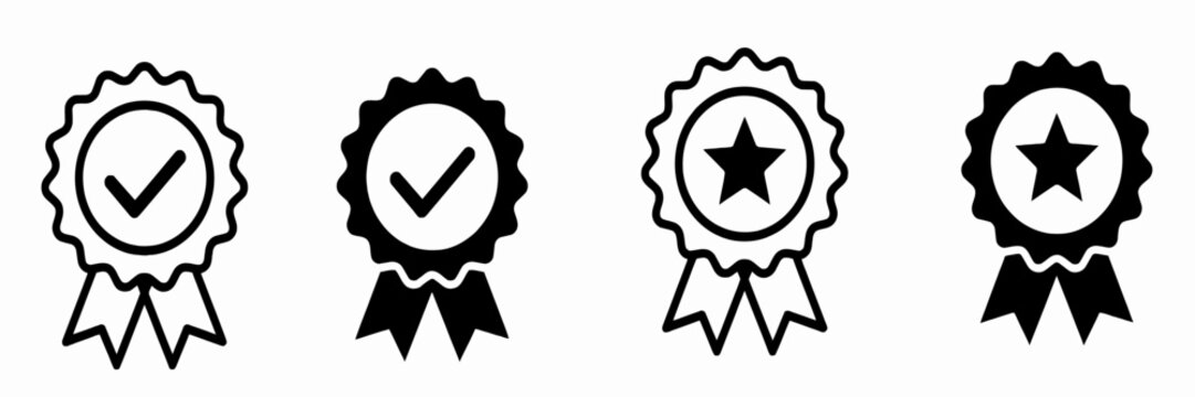 Award Ribbon Rosette Icons Set with Checkmark and Star Symbols for Quality Certification Approval and Winner Success Vector Illustration