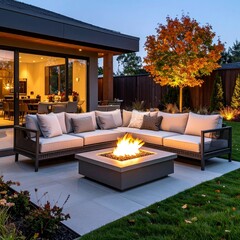 Fototapeta na wymiar Cozy outdoor seating area w/ fire pit