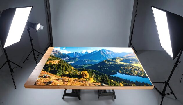 Professional Photography Studio Setup for Landscape Artwork Display.