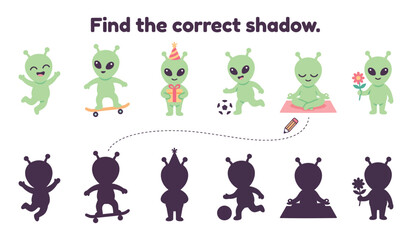 Fototapeta premium Alien Shadow Match Educational Game for Kids Cartoon Illustration Isolated on White
