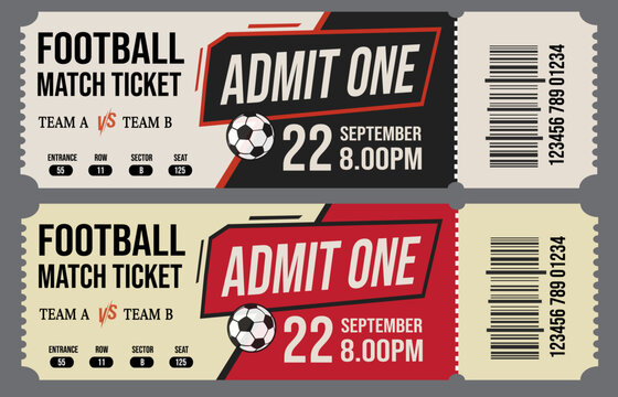 Football match tickets, soccer event tickets, admit one tickets, sports tickets, football templates set illustration mockup blank icons