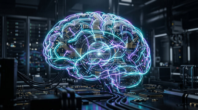 Glowing AI Cybernetic Brain with Neon Circuits and Neural Pathways in a Data Center