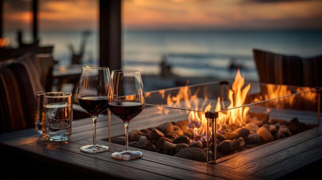 Cozy sunset beachfront fire pit with wine glasses on patio.
