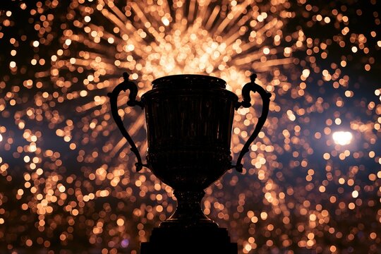 Trophy silhouette against fireworks-filled night sky, championship atmosphere
