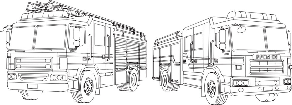 Two line art fire engines side by side in a clean white studio setting conceptualizing emergency services